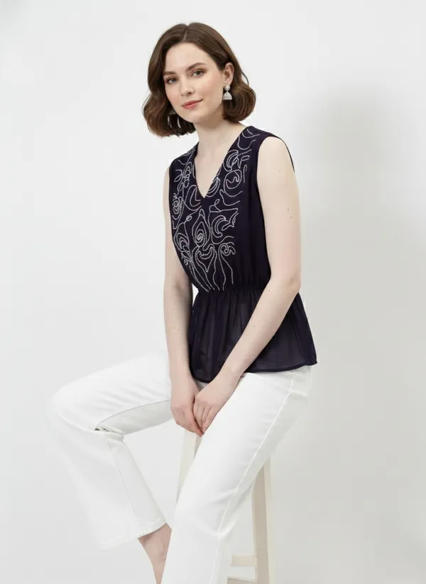 Purple_Embroidered_V-Neck_Peplum_Top_For_Women