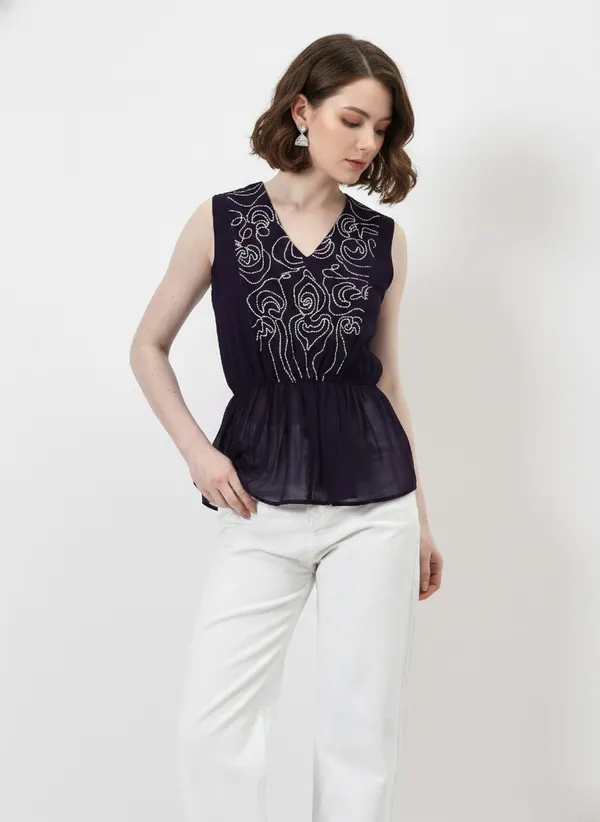 Purple_Embroidered_V-Neck_Peplum_Top_For_Women