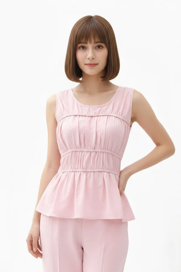 Pink_Solid_Smocking_Peplum_Top_For_Women