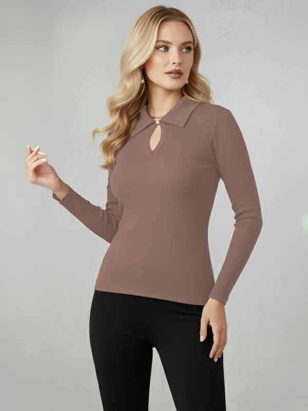 Brown_Cutout_Solid_Ribbed_Top