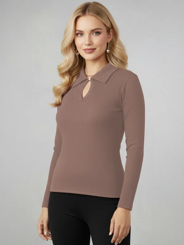 Brown_Cutout_Solid_Ribbed_Top