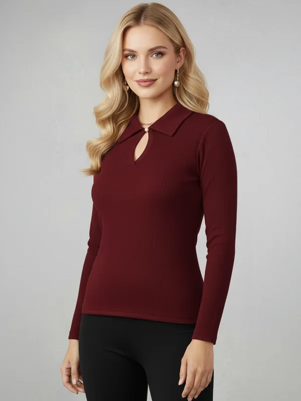 Burgundy_Cutout_Solid_Ribbed_Top