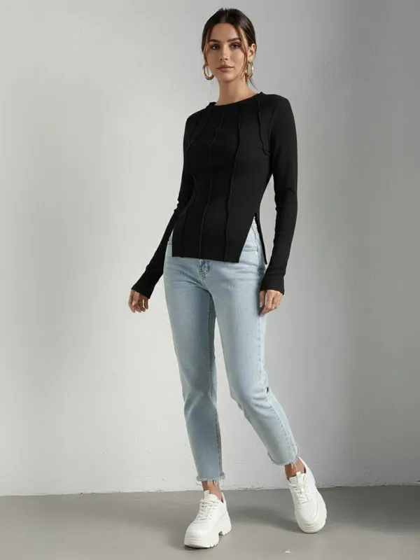 Black_Ribbed_Pin_Tucks_Top_For_Women