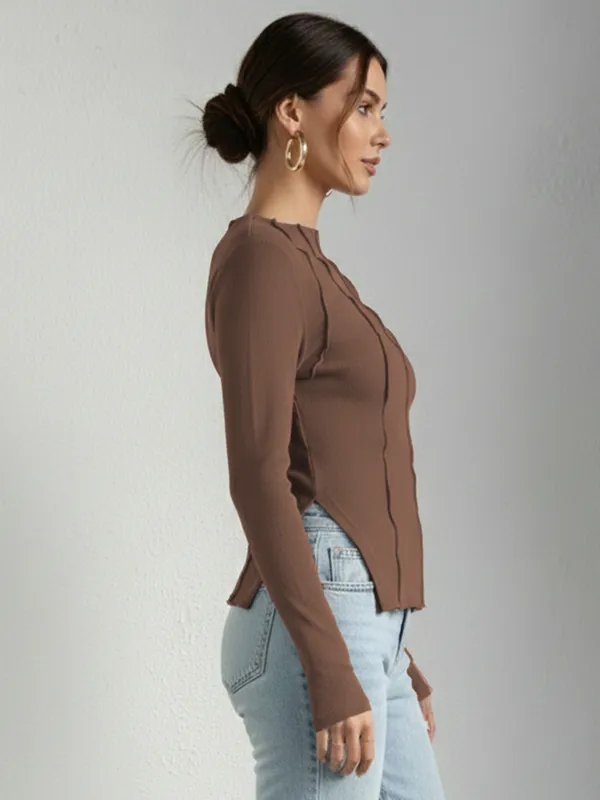 Brown_Ribbed_Pin_Tucks_Top_For_Women