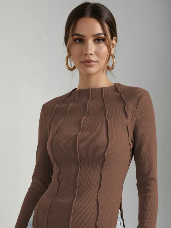 Brown_Ribbed_Pin_Tucks_Top_For_Women