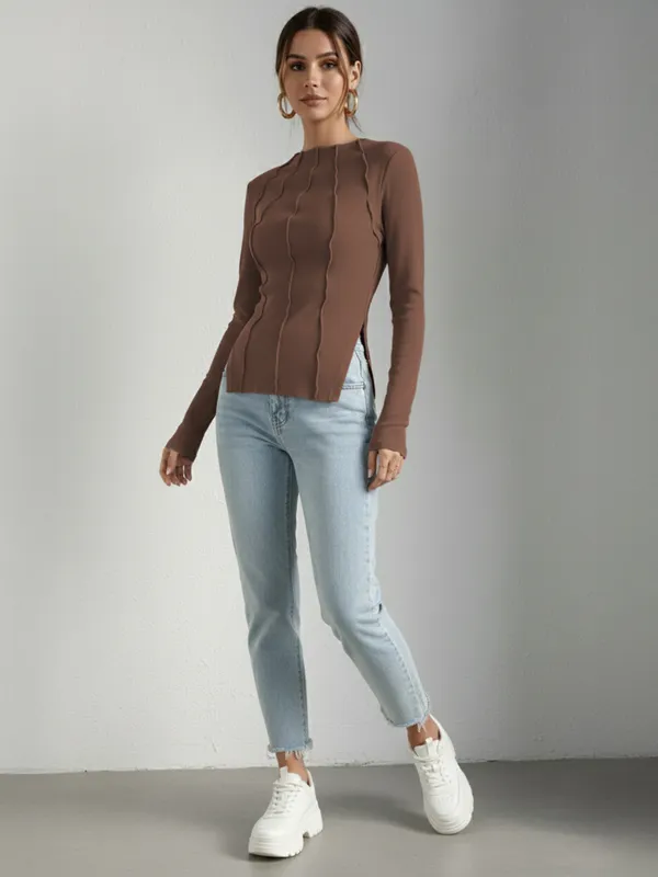 Brown_Ribbed_Pin_Tucks_Top_For_Women