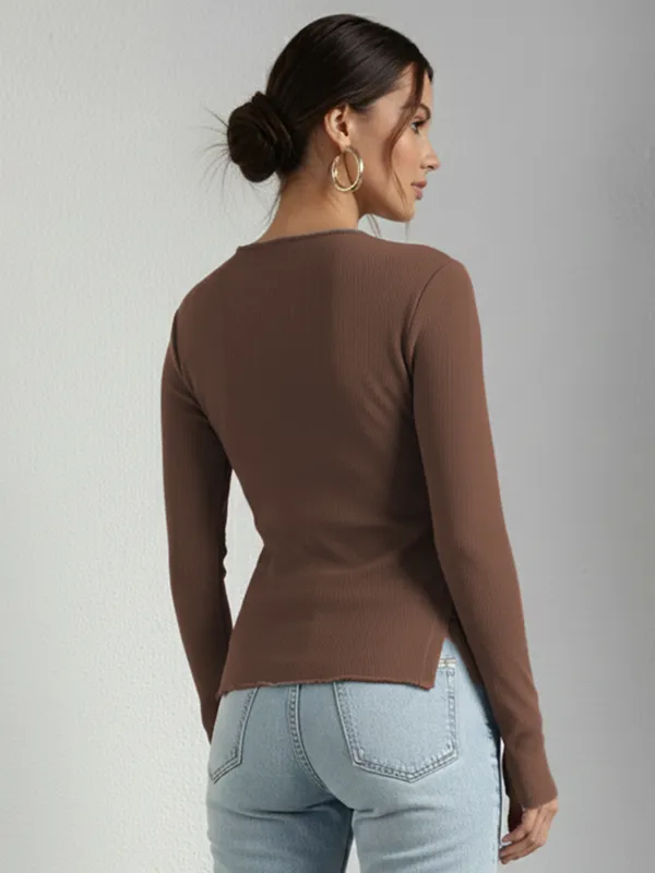 Brown_Ribbed_Pin_Tucks_Top_For_Women