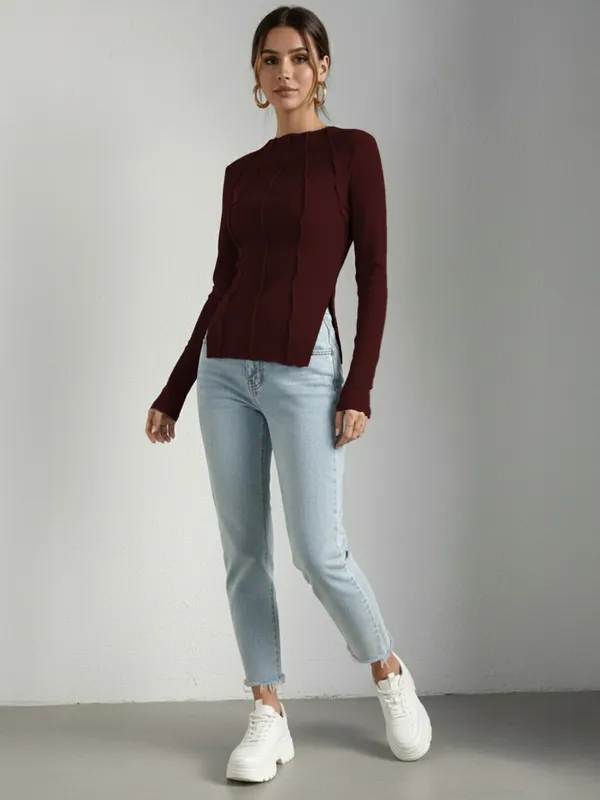 Maroon_Ribbed_Pin_Tucks_Top_For_Women