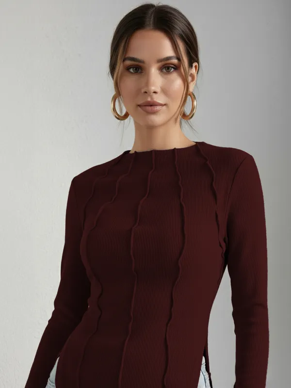 Maroon_Ribbed_Pin_Tucks_Top_For_Women