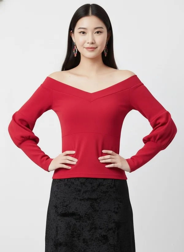 Red_V-Neck_Bardot_Top_For_Women