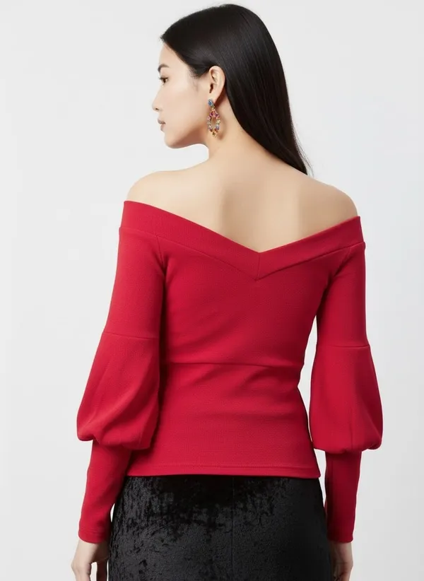 Red_V-Neck_Bardot_Top_For_Women