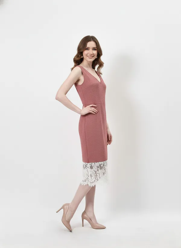 Pink_V-Neck_Lace_Bodycon_Midi_Dress_For_Women