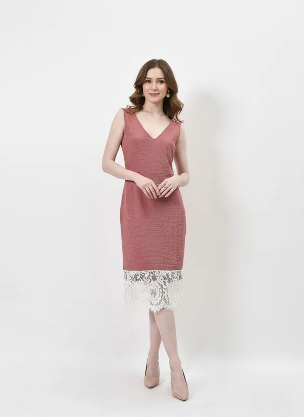 Pink_V-Neck_Lace_Bodycon_Midi_Dress_For_Women