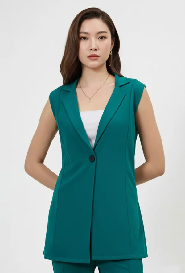 Green_V-Neck_Slim_Fit_Blazer_With_Trouser_For_Women