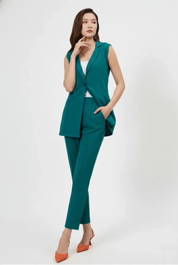 Green_V-Neck_Slim_Fit_Blazer_With_Trouser_For_Women