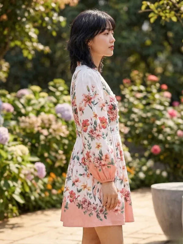White_Floral_Print_Puff_Sleeve_Crepe_Fit_&_Flare_Dress_For_Women