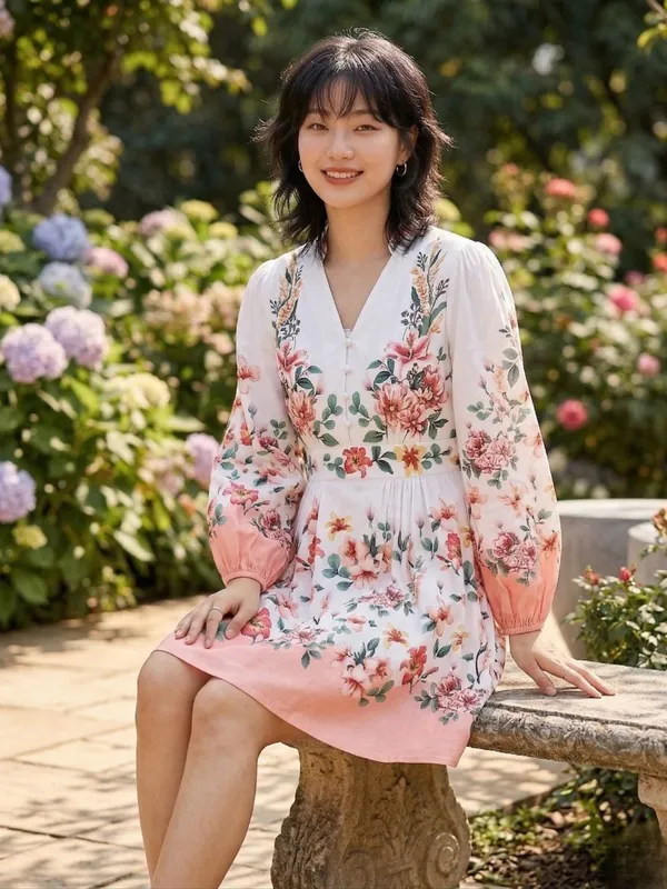White_Floral_Print_Puff_Sleeve_Crepe_Fit_&_Flare_Dress_For_Women
