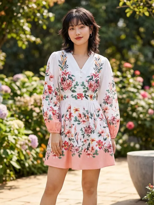 White_Floral_Print_Puff_Sleeve_Crepe_Fit_&_Flare_Dress_For_Women