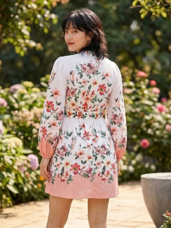 White_Floral_Print_Puff_Sleeve_Crepe_Fit_&_Flare_Dress_For_Women