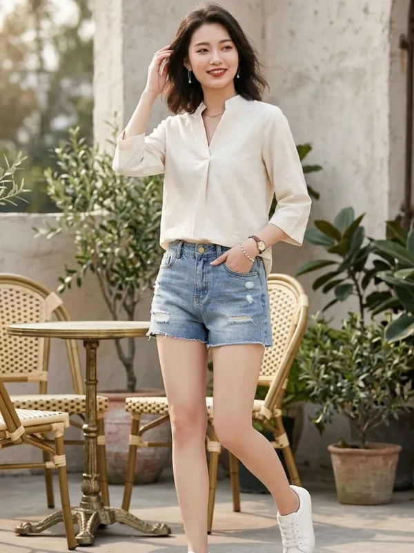 Off-White_Mandarin_Collar_Asymmetrical_Cotton_Shirt_Style_Top_For_Women