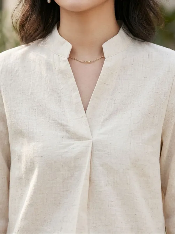 Off-White_Mandarin_Collar_Asymmetrical_Cotton_Shirt_Style_Top_For_Women