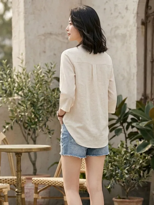 Off-White_Mandarin_Collar_Asymmetrical_Cotton_Shirt_Style_Top_For_Women