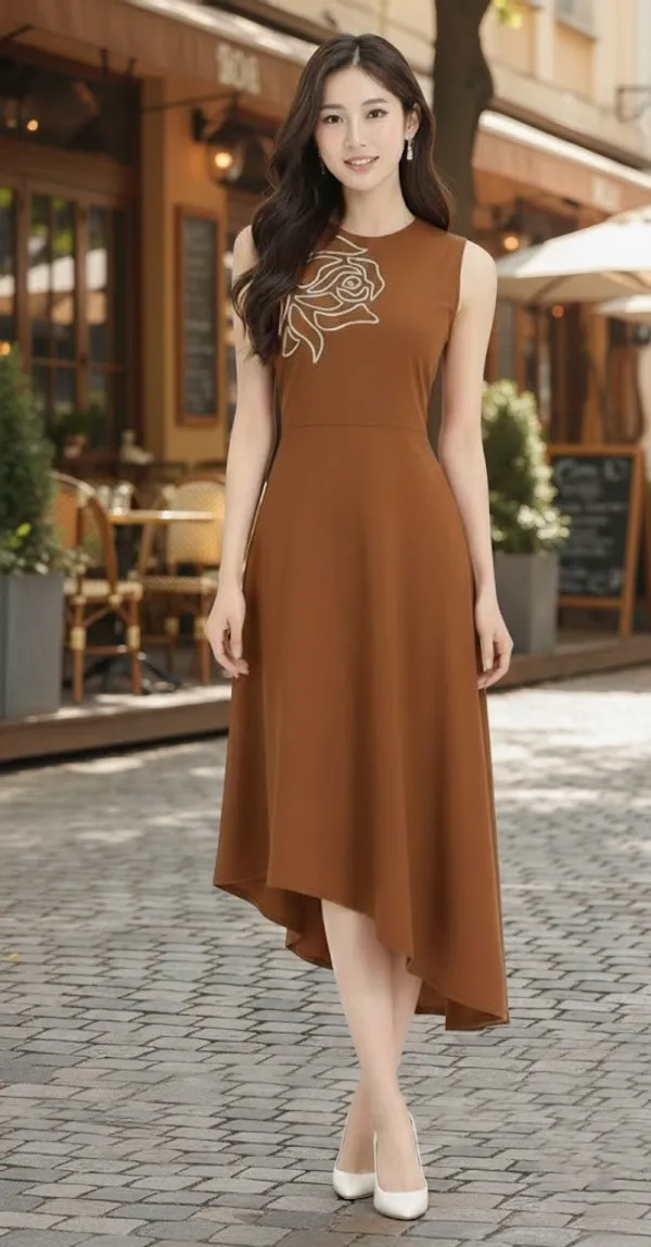 Brown_Embroidered_Asymmetric_Dress