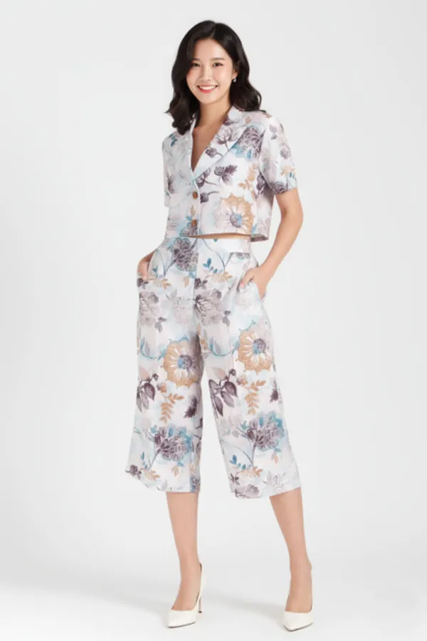 White_Printed_Lapel_Collar_Top_With_Trouser_For_Women