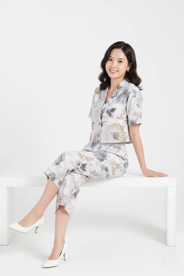White_Printed_Lapel_Collar_Top_With_Trouser_For_Women