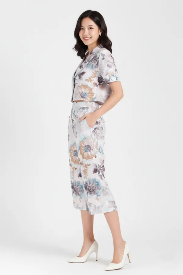 White_Printed_Lapel_Collar_Top_With_Trouser_For_Women