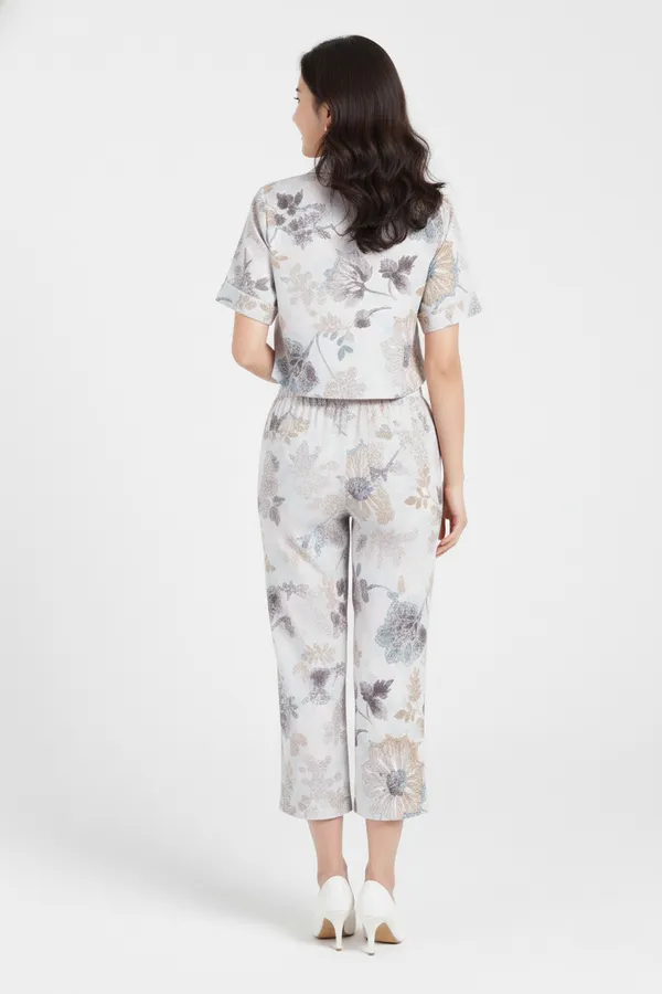 White_Printed_Lapel_Collar_Top_With_Trouser_For_Women