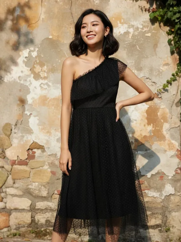 Black_Stylish_Self-Design_One-Shoulder_Dress_For_Women