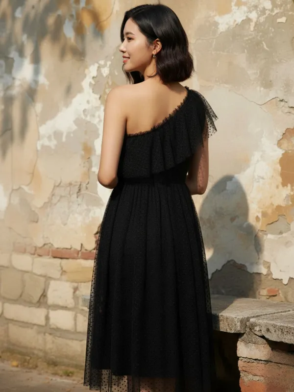 Black_Stylish_Self-Design_One-Shoulder_Dress_For_Women