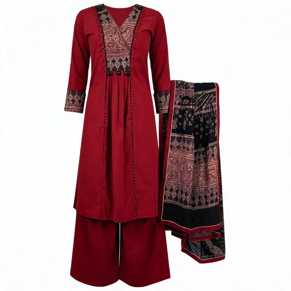 Maroon_Cotton_Flared_Printed_Kurta_Set_For_Women