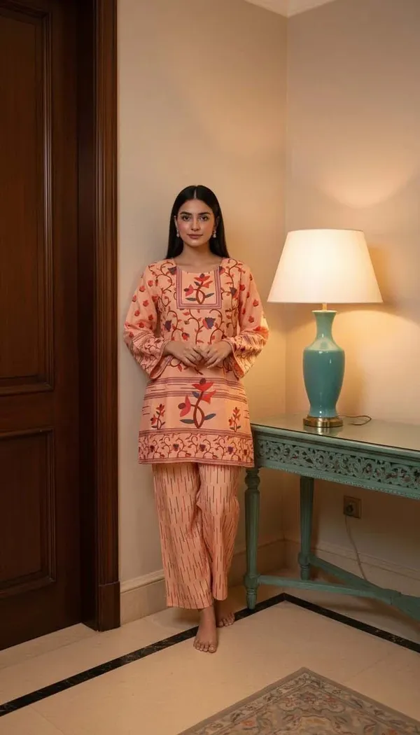 Peach_Turkish_Slub_Straight_Kurta_Set_For_Women