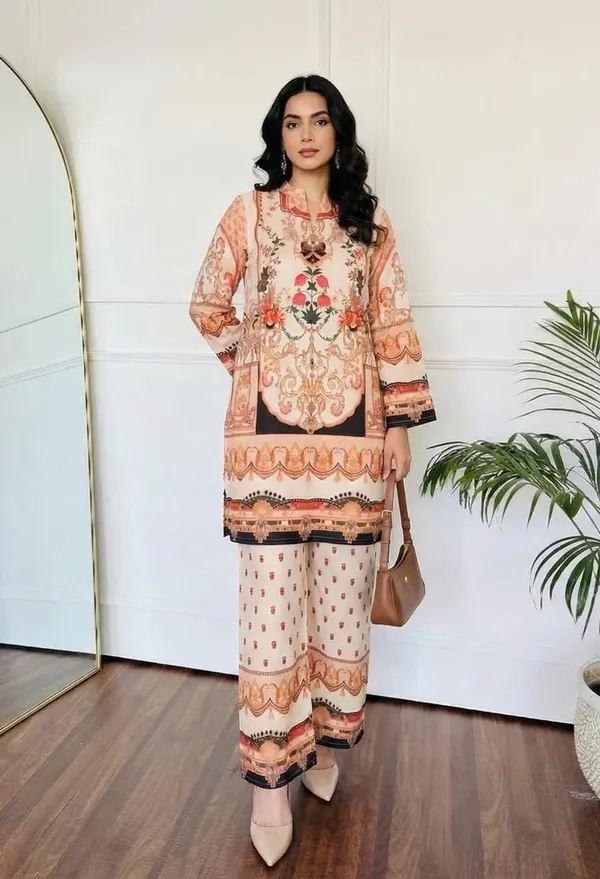 Peach_Japanese_Crepe_Straight_Kurta_Palazzo_Set_For_Women