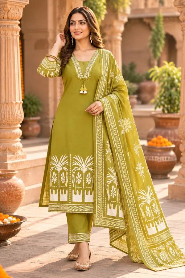 Women’s_Olive_Green_Printed_Kurta_Pant_Dupatta_Set_|_3_Piece_Ethnic_Suit_Set