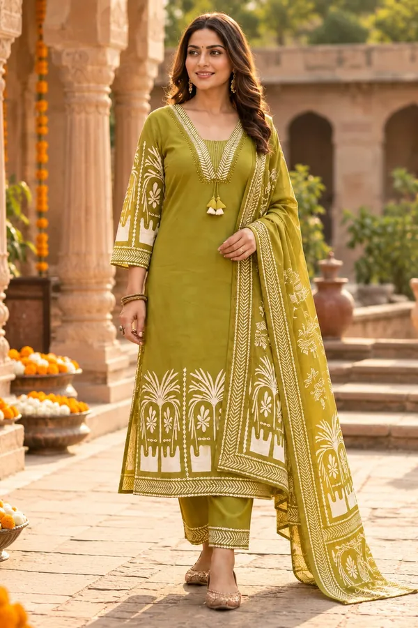 Women’s_Olive_Green_Printed_Kurta_Pant_Dupatta_Set_|_3_Piece_Ethnic_Suit_Set