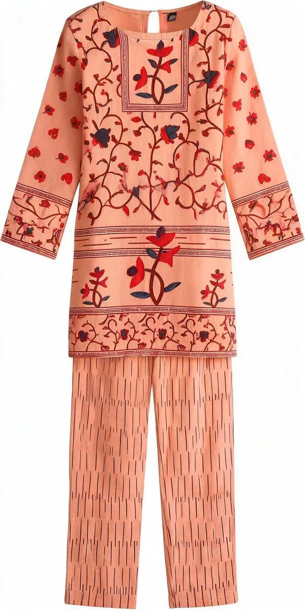 Peach_Turkish_Slub_Straight_Kurta_Set_For_Women