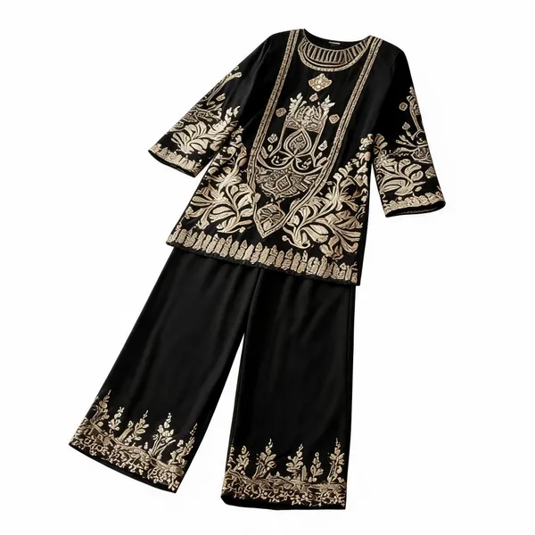 Black_Imported_Rayon_Embroidered_Kurta_Set_For_Women