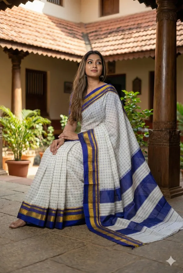 White_&_Blue_Cotton_Star_Plus_Design_Saree_For_Women