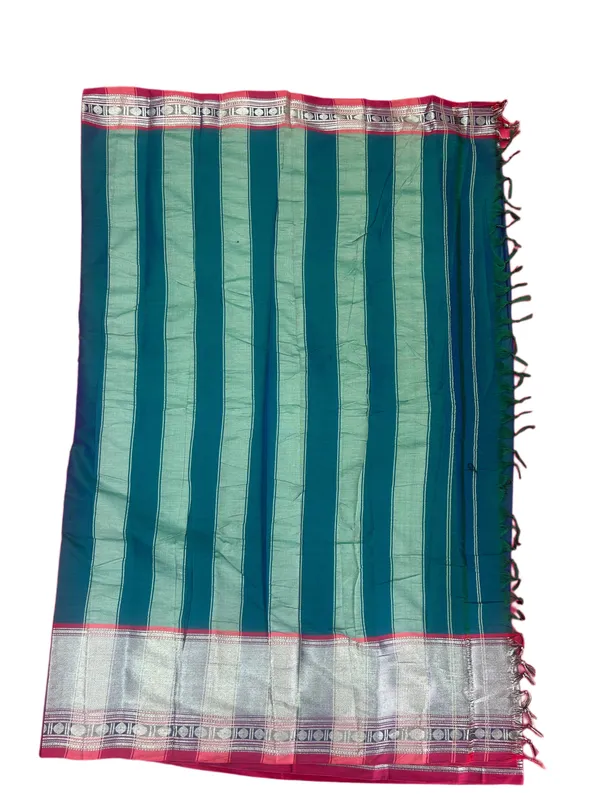Dark_Green_Big_Silver_Border_Narayanpet_Pure_Cotton_Saree_For_Women