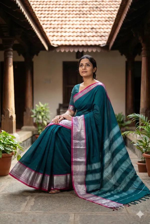 Dark_Green_Big_Silver_Border_Narayanpet_Pure_Cotton_Saree_For_Women