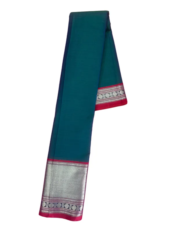 Dark_Green_Big_Silver_Border_Narayanpet_Pure_Cotton_Saree_For_Women