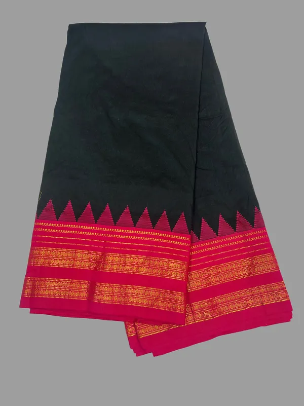 Black_Kadiyal_Border_Ilkal_Saree_with_Silk_Pallu_&_Contrast_Blouse_Piece_|_Traditional_Handloom_Cotton_Saree_|_