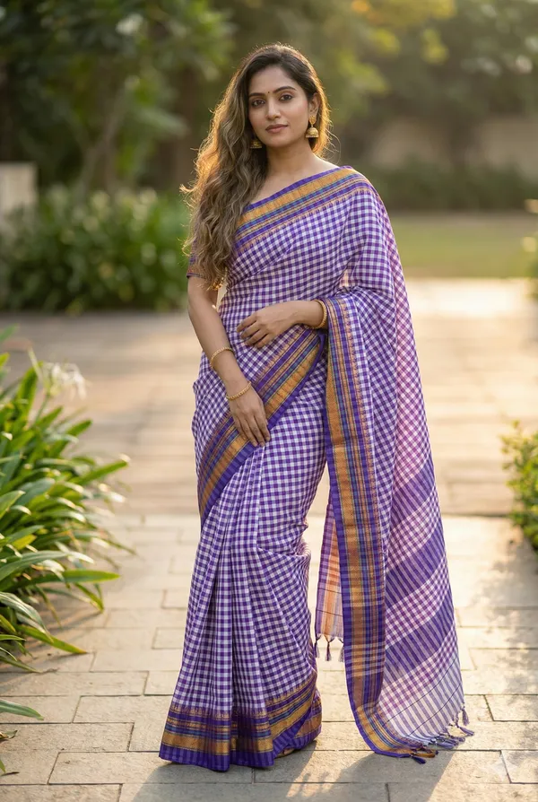 Cheqs_design_cotton_saree_with_chit_pallu