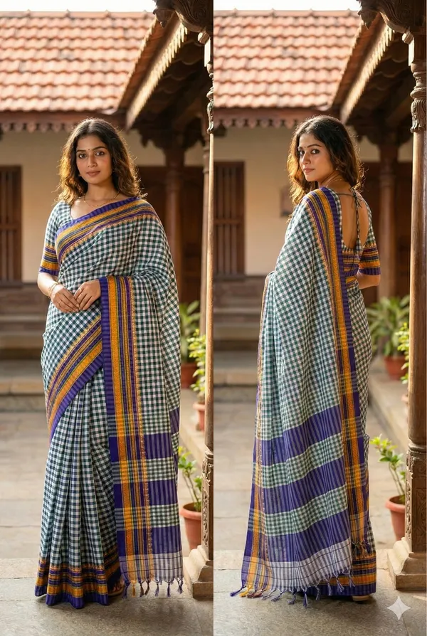 Cheqs_design_cotton_saree_with_chit_pallu