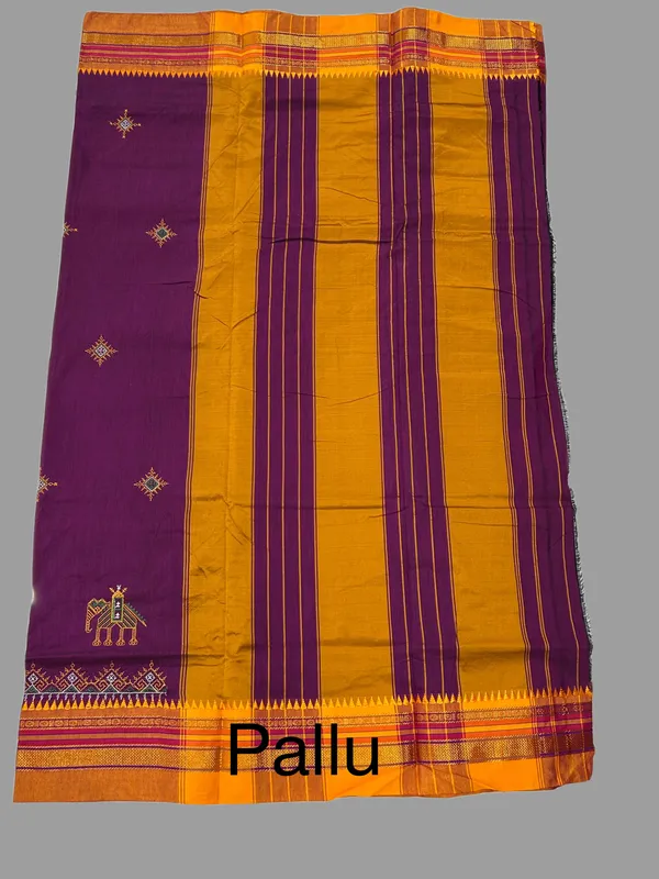 Cotton_Blend_Traditional_Kasuti_Embroidered_Saree_with_Contrast_Woven_Border_and_Matching_Unstitched_Blouse_Piece_(Deep_Purple_&_Mustard)