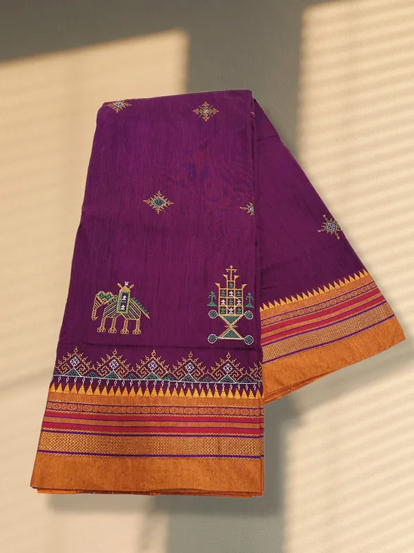 Cotton_Blend_Traditional_Kasuti_Embroidered_Saree_with_Contrast_Woven_Border_and_Matching_Unstitched_Blouse_Piece_(Deep_Purple_&_Mustard)