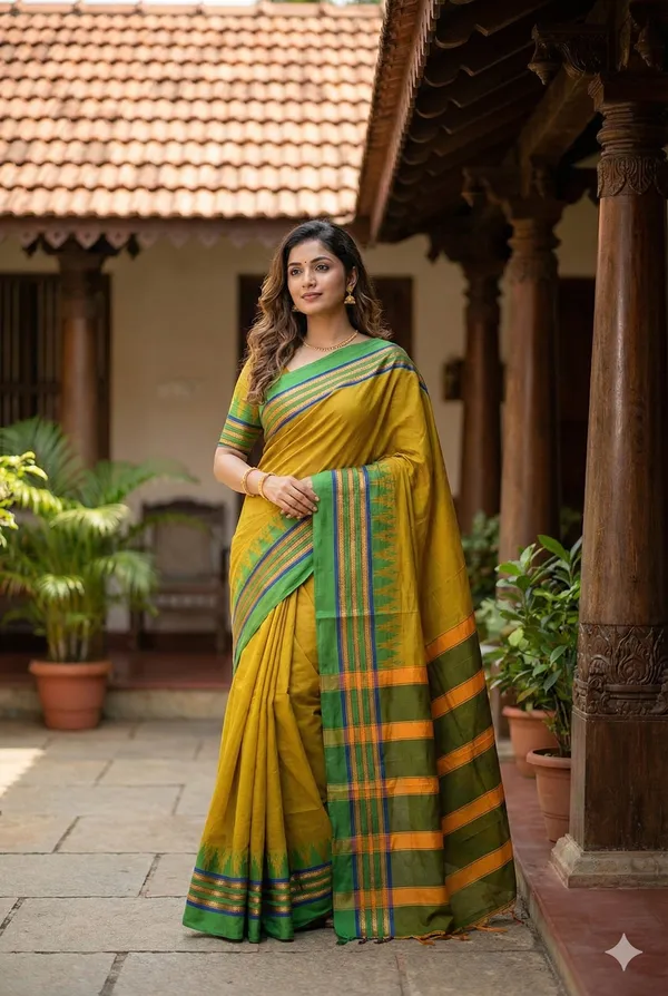 Mehendi_Cotton_Mini_Temple_Border_Saree_For_Women